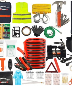 AUTODECO Car Roadside Emergency Kit – 118 Pieces Premium Heavy Duty Car Roadside Emergency Kit – Jumper Cables Portable Air Compressor Tow Strap Multifunctional Hammer Shovel, etc.