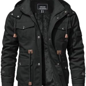 TACVASEN Men’s Fleece-Lined Winter Military Jacket with Removable Hood – Black, Medium
