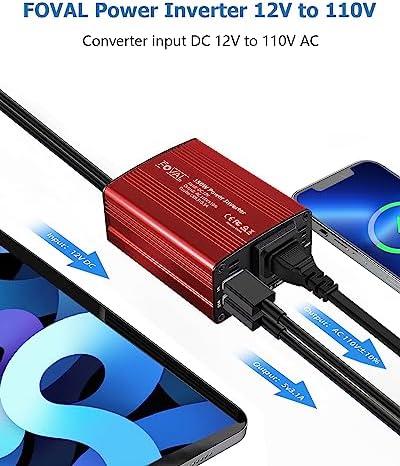 FOVAL 150W Car Power Inverter 12V DC to 110V AC Converter Vehicle Adapter Plug Outlet with 3.1A Dual USB Car Charger for Laptop Computer (Classic Red) : Automotive - Image 2