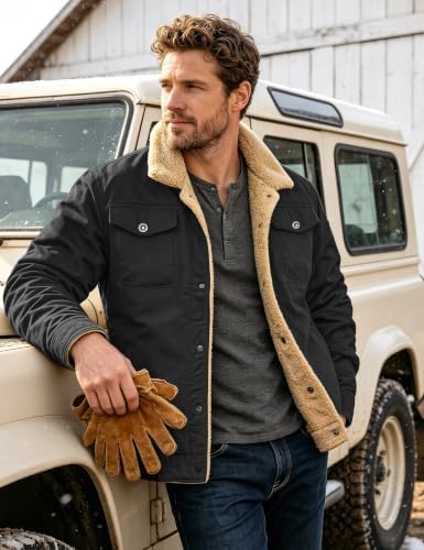 MAGCOMSEN Winter Coats For Men Fleece Lining Heavy Cotton Jackets Black S | Cotton, Sherpa Lined, 5 Pockets, HeavyWeight, Fleece Lining, Stylish, Warm Thicken Wool, Trucker Western Jackets at Amazon Men’s Clothing store - Image 3