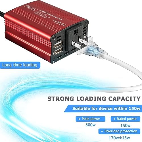FOVAL 150W Car Power Inverter 12V DC to 110V AC Converter Vehicle Adapter Plug Outlet with 3.1A Dual USB Car Charger for Laptop Computer (Classic Red) : Automotive - Image 5